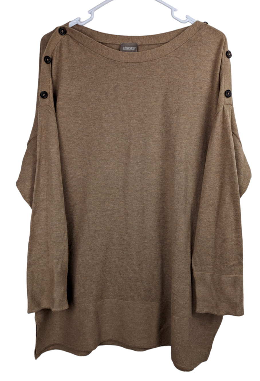 Chicos Womens Camel Color Knit Button Shoulder Pullover Tunic Sweater Size 3 LG